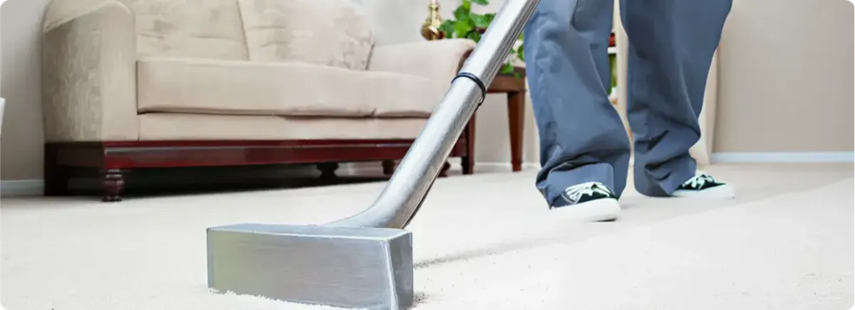 Carpet cleaning technician using a hot-water extraction wand on a light-colored carpet in a living room, Charlotte, NC.